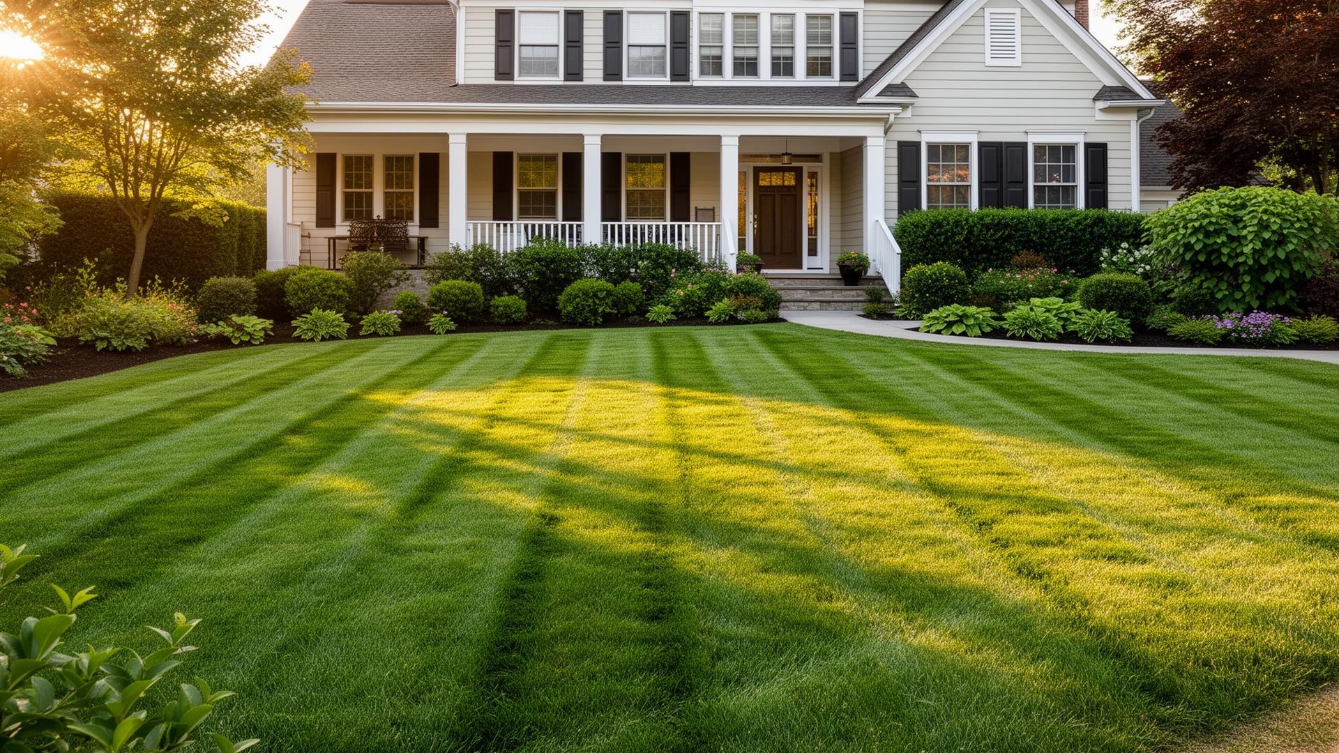 Freshly mowed lawn in front of a charming home